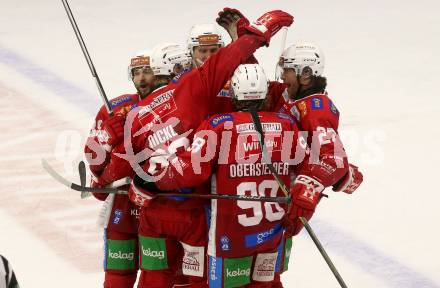 Eishockey ICE Bundesliga. KAC gegen VSV. Torjubel Timo Nickl, Daniel Obersteiner, Thomas Hundertpfund (KAC). Klagenfurt, am 8.1.2024.
Foto: Kuess
---
pressefotos, pressefotografie, kuess, qs, qspictures, sport, bild, bilder, bilddatenbank