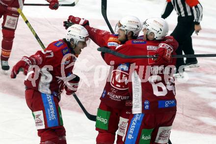 Eishockey ICE Bundesliga. KAC gegen VSV. Torjubel Simeon Schwinger, Maximilian Preiml, Fabian Hochegger (KAC). Klagenfurt, am 8.1.2024.
Foto: Kuess
---
pressefotos, pressefotografie, kuess, qs, qspictures, sport, bild, bilder, bilddatenbank