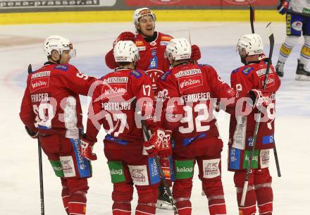 Eishockey ICE Bundesliga. KAC gegen VSV. Torjubel Matthew Fraser, Nick Pastujov, Nicholas Eric Petersen, Clemens Unterweger, Jan Mursak (KAC). Klagenfurt, am 8.1.2024.
Foto: Kuess
---
pressefotos, pressefotografie, kuess, qs, qspictures, sport, bild, bilder, bilddatenbank