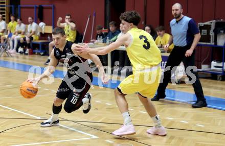 Basketball 2. Liga 2024/2025. Grunddurchgang 14. Runde.  Woerthersee Piraten gegen Mistelbach Mustangs.  Lukas Simoner  (Piraten),   Dragisa Najdanovic (Mistelbach Mustangs). Klagenfurt, am 11.1.2025.
Foto: Kuess


---
pressefotos, pressefotografie, kuess, qs, qspictures, sport, bild, bilder, bilddatenbank