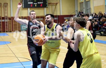 Basketball 2. Liga 2024/2025. Grunddurchgang 14. Runde.  Woerthersee Piraten gegen Mistelbach Mustangs.  Marin Sliskovic	  (Piraten),  Jakub Jokl  (Mistelbach Mustangs). Klagenfurt, am 11.1.2025.
Foto: Kuess


---
pressefotos, pressefotografie, kuess, qs, qspictures, sport, bild, bilder, bilddatenbank