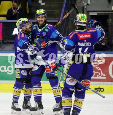 Eishockey ICE Bundesliga. VSV gegen HCB SÃ¼dtirol Alperia.   Torjubel John Hughes, Maximilian Rebernig, Kevin Hancock (VSV). Villach, am 12.1.2025
Foto: Kuess
---
pressefotos, pressefotografie, kuess, qs, qspictures, sport, bild, bilder, bilddatenbank