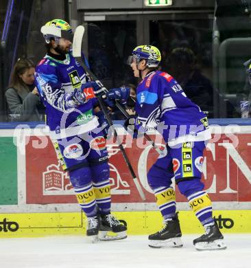 Eishockey ICE Bundesliga. VSV gegen HCB SÃ¼dtirol Alperia.   Torjubel Patrick Holway,  Daniil Kulintsev,  (VSV). Villach, am 12.1.2025
Foto: Kuess
---
pressefotos, pressefotografie, kuess, qs, qspictures, sport, bild, bilder, bilddatenbank