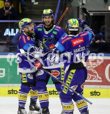 Eishockey ICE Bundesliga. VSV gegen HCB SÃ¼dtirol Alperia.   Torjubel John Hughes, Maximilian Rebernig, Kevin Hancock (VSV). Villach, am 12.1.2025
Foto: Kuess
---
pressefotos, pressefotografie, kuess, qs, qspictures, sport, bild, bilder, bilddatenbank