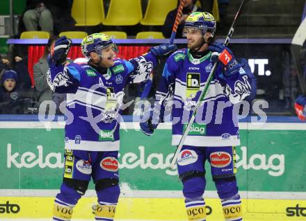 Eishockey ICE Bundesliga. VSV gegen HCB SÃ¼dtirol Alperia.   Torjubel John Hughes, Maximilian Rebernig (VSV). Villach, am 12.1.2025
Foto: Kuess
---
pressefotos, pressefotografie, kuess, qs, qspictures, sport, bild, bilder, bilddatenbank