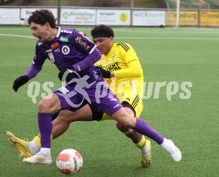 Fussball Bundesliga. Testspiel. SK Austria Klagenfurt gegen Lafnitz. Ben Bobzien (Austria Klagenfurt), Enzo Stone Gibson Mougnol (Lafnitz). Klagenfurt, am 31,1.2025.
Foto: Kuess
---
pressefotos, pressefotografie, kuess, qs, qspictures, sport, bild, bilder, bilddatenbank