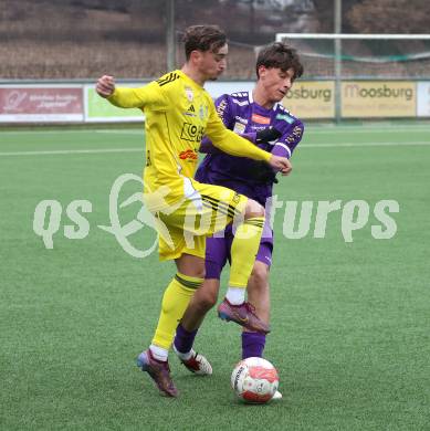 Fussball Bundesliga. Testspiel. SK Austria Klagenfurt gegen Lafnitz.  Matteo Kitz (Austria Klagenfurt), Jakob Knollmueller (Lafnitz). Klagenfurt, am 31.1.2025.
Foto: Kuess
---
pressefotos, pressefotografie, kuess, qs, qspictures, sport, bild, bilder, bilddatenbank