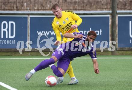 Fussball Bundesliga. Testspiel. SK Austria Klagenfurt gegen Lafnitz. Keanan Bennetts (Austria Klagenfurt), Florian Freissegger (Lafnitz). Klagenfurt, am 31,1.2025.
Foto: Kuess
---
pressefotos, pressefotografie, kuess, qs, qspictures, sport, bild, bilder, bilddatenbank