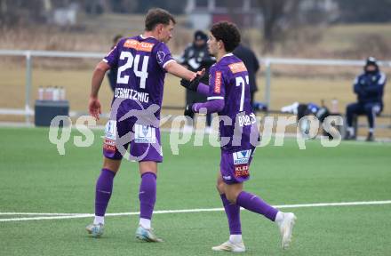 Fussball Bundesliga. Testspiel. SK Austria Klagenfurt gegen Lafnitz.  Torjubel Christopher Wernitznig, Ben Bobzien (Austria Klagenfurt). Klagenfurt, am 31,1.2025.
Foto: Kuess
---
pressefotos, pressefotografie, kuess, qs, qspictures, sport, bild, bilder, bilddatenbank