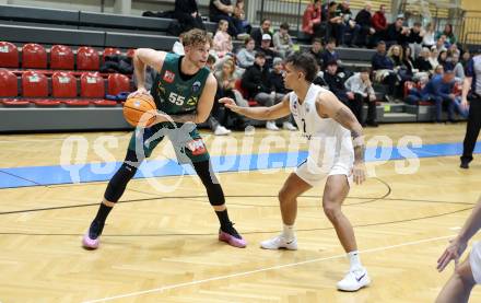 Basketball 2. Liga 2024/2025. Grunddurchgang 17. Runde.  KOS Celovec gegen Dornbirn Lions.   Mauro Gerszke (KOS Celovec),  Berk Mehmed  (Dornbirn Lions). Klagenfurt, am 1.2.2025.
Foto: Kuess


---
pressefotos, pressefotografie, kuess, qs, qspictures, sport, bild, bilder, bilddatenbank