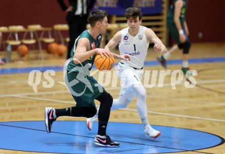 Basketball 2. Liga 2024/2025. Grunddurchgang 17. Runde.  KOS Celovec gegen Dornbirn Lions.   Simon Siencnik (KOS Celovec),   Eduard Nogues (Dornbirn Lions). Klagenfurt, am 1.2.2025.
Foto: Kuess


---
pressefotos, pressefotografie, kuess, qs, qspictures, sport, bild, bilder, bilddatenbank