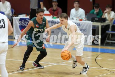 Basketball 2. Liga 2024/2025. Grunddurchgang 17. Runde.  KOS Celovec gegen Dornbirn Lions.   Samuel Seher (KOS Celovec),  Eduard Nogues  (Dornbirn Lions). Klagenfurt, am 1.2.2025.
Foto: Kuess


---
pressefotos, pressefotografie, kuess, qs, qspictures, sport, bild, bilder, bilddatenbank