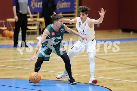 Basketball 2. Liga 2024/2025. Grunddurchgang 17. Runde.  KOS Celovec gegen Dornbirn Lions.   Simon Siencnik (KOS Celovec),   Eduard Nogues (Dornbirn Lions). Klagenfurt, am 1.2.2025.
Foto: Kuess


---
pressefotos, pressefotografie, kuess, qs, qspictures, sport, bild, bilder, bilddatenbank