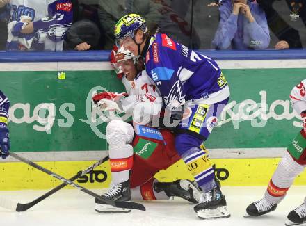 Eishockey ICE Bundesliga. VSV gegen KAC. Philipp Lindner (VSV), Mathias From (KAC). Villach, am 2.2..2025
Foto: Kuess
---
pressefotos, pressefotografie, kuess, qs, qspictures, sport, bild, bilder, bilddatenbank