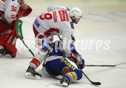 Eishockey ICE Bundesliga. VSV gegen KAC. Kevin Hancock (VSV), Jan Mursak (KAC). Villach, am 2.2..2025
Foto: Kuess
---
pressefotos, pressefotografie, kuess, qs, qspictures, sport, bild, bilder, bilddatenbank