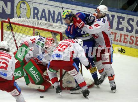 Eishockey ICE Bundesliga. VSV gegen KAC. Marco Richter (VSV), Sebastian Dahm, Raphael Herburger, Jesper Jensen Aabo (KAC). Villach, am 2.2..2025
Foto: Kuess
---
pressefotos, pressefotografie, kuess, qs, qspictures, sport, bild, bilder, bilddatenbank