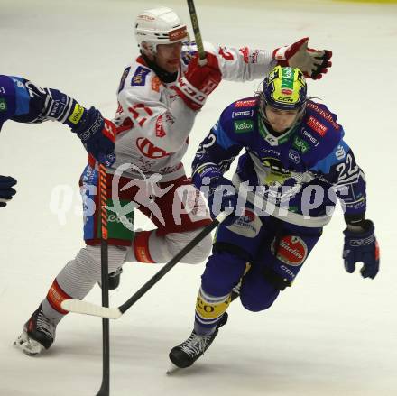 Eishockey ICE Bundesliga. VSV gegen KAC. Nikita Scherbak (VSV), Thomas Hundertpfund (KAC). Villach, am 2.2..2025
Foto: Kuess
---
pressefotos, pressefotografie, kuess, qs, qspictures, sport, bild, bilder, bilddatenbank