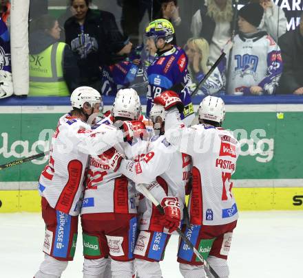 Eishockey ICE Bundesliga. VSV gegen KAC. Torjubel Clemens Unterweger,  Nicholas Eric Petersen, Thilo Nickl, Nick Pastujov (KAC). Villach, am 2.2..2025
Foto: Kuess
---
pressefotos, pressefotografie, kuess, qs, qspictures, sport, bild, bilder, bilddatenbank