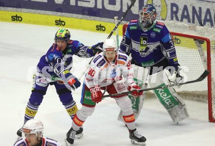 Eishockey ICE Bundesliga. VSV gegen KAC. Philipp Lindner, Joe Cannata (VSV), Matthew Fraser (KAC). Villach, am 2.2..2025
Foto: Kuess
---
pressefotos, pressefotografie, kuess, qs, qspictures, sport, bild, bilder, bilddatenbank