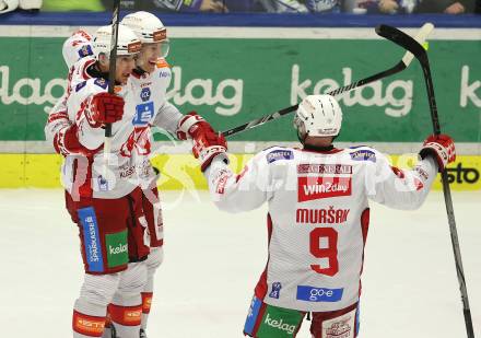 Eishockey ICE Bundesliga. VSV gegen KAC. Torjubel Clemens Unterweger,  Nicholas Eric Petersen, Jan Mursak (KAC). Villach, am 2.2..2025
Foto: Kuess
---
pressefotos, pressefotografie, kuess, qs, qspictures, sport, bild, bilder, bilddatenbank