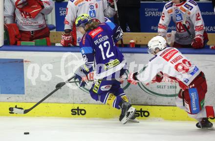 Eishockey ICE Bundesliga. VSV gegen KAC. Chase Pearson (VSV), Matthew Fraser (KAC). Villach, am 2.2..2025
Foto: Kuess
---
pressefotos, pressefotografie, kuess, qs, qspictures, sport, bild, bilder, bilddatenbank