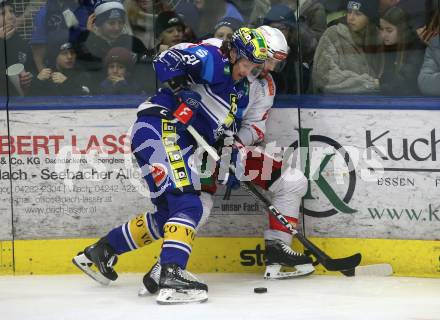 Eishockey ICE Bundesliga. VSV gegen KAC. Marco Richter  (VSV), Raphael Herburger (KAC). Villach, am 2.2..2025
Foto: Kuess
---
pressefotos, pressefotografie, kuess, qs, qspictures, sport, bild, bilder, bilddatenbank