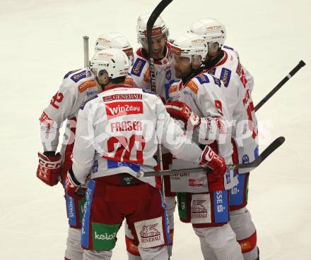 Eishockey ICE Bundesliga. VSV gegen KAC. Torjubel Matthew Fraser, Clemens Unterweger, Jan Mursak, Nicholas Eric Petersen (KAC). Villach, am 2.2..2025
Foto: Kuess
---
pressefotos, pressefotografie, kuess, qs, qspictures, sport, bild, bilder, bilddatenbank