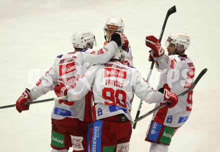 Eishockey ICE Bundesliga. VSV gegen KAC. Torjubel Matthew Fraser, Clemens Unterweger, Jan Mursak (KAC). Villach, am 2.2..2025
Foto: Kuess
---
pressefotos, pressefotografie, kuess, qs, qspictures, sport, bild, bilder, bilddatenbank