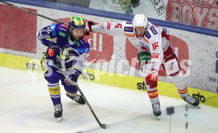 Eishockey ICE Bundesliga. VSV gegen KAC. Mark Katic  (VSV), Simeon Schwinger (KAC). Villach, am 2.2..2025
Foto: Kuess
---
pressefotos, pressefotografie, kuess, qs, qspictures, sport, bild, bilder, bilddatenbank