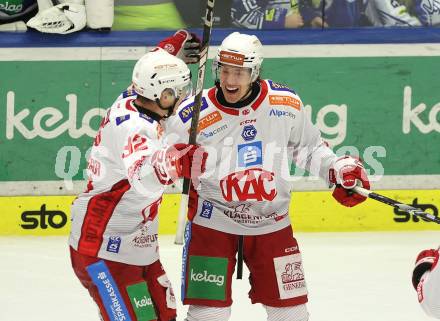 Eishockey ICE Bundesliga. VSV gegen KAC. Torjubel Clemens Unterweger,  Nicholas Eric Petersen (KAC). Villach, am 2.2..2025
Foto: Kuess
---
pressefotos, pressefotografie, kuess, qs, qspictures, sport, bild, bilder, bilddatenbank