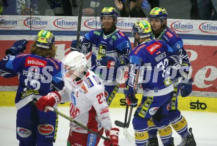 Eishockey ICE Bundesliga. VSV gegen KAC. Torjubel  Chase Pearson, Kevin Hancock, Nikita Scherbak, John Hughes (VSV). Villach, am 2.2..2025
Foto: Kuess
---
pressefotos, pressefotografie, kuess, qs, qspictures, sport, bild, bilder, bilddatenbank