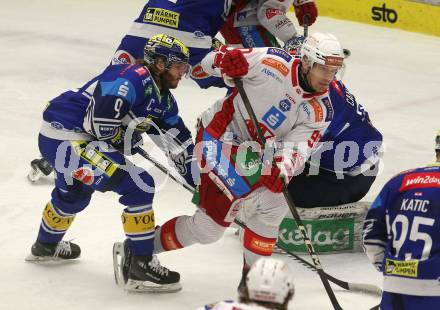 Eishockey ICE Bundesliga. VSV gegen KAC.  Andreas Napokoj, Alexander Rauchenwald (VSV), Matthew Fraser (KAC). Villach, am 2.2..2025
Foto: Kuess
---
pressefotos, pressefotografie, kuess, qs, qspictures, sport, bild, bilder, bilddatenbank