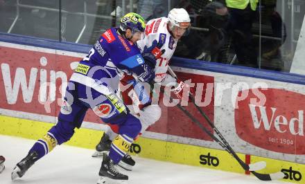 Eishockey ICE Bundesliga. VSV gegen KAC. Dylan Macpherson (VSV), Mathias From (KAC). Villach, am 2.2..2025
Foto: Kuess
---
pressefotos, pressefotografie, kuess, qs, qspictures, sport, bild, bilder, bilddatenbank