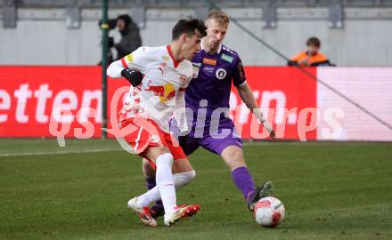 Fussball Bundesliga. SK Austria Klagenfurt gegen Red Bull Salzburg. Christopher Cvetko ( Austria Klagenfurt), Nicolas Capaldo (Salzburg). Klagenfurt, am 9.2.2025.
Foto: Kuess
www.qspictures.net
---
pressefotos, pressefotografie, kuess, qs, qspictures, sport, bild, bilder, bilddatenbank