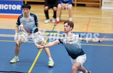 Badminton. 2. Bundesliga. ASKOE Kelag Kaernten gegen WBH Wien. Shangzu Zhan, Gasper Krivec (ASKOE Kelag Kaernten). Klagenfurt, am 15.2.2025.
Foto: Kuess
---
pressefotos, pressefotografie, kuess, qs, qspictures, sport, bild, bilder, bilddatenbank