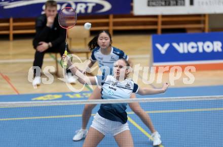 Badminton. 2. Bundesliga. ASKOE Kelag Kaernten gegen WBH Wien.  Laura Hasenbichler, Miranda Zhang  (ASKOE Kelag Kaernten). Klagenfurt, am 15.2.2025.
Foto: Kuess
---
pressefotos, pressefotografie, kuess, qs, qspictures, sport, bild, bilder, bilddatenbank