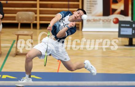 Badminton. 2. Bundesliga. ASKOE Kelag Kaernten gegen WBH Wien.   Haolei Zhang  (ASKOE Kelag Kaernten). Klagenfurt, am 15.2.2025.
Foto: Kuess
---
pressefotos, pressefotografie, kuess, qs, qspictures, sport, bild, bilder, bilddatenbank