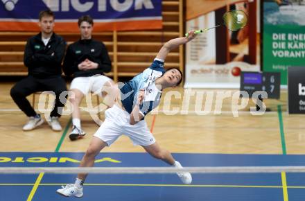 Badminton. 2. Bundesliga. ASKOE Kelag Kaernten gegen WBH Wien.   Haolei Zhang  (ASKOE Kelag Kaernten). Klagenfurt, am 15.2.2025.
Foto: Kuess
---
pressefotos, pressefotografie, kuess, qs, qspictures, sport, bild, bilder, bilddatenbank