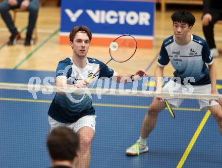 Badminton. 2. Bundesliga. ASKOE Kelag Kaernten gegen WBH Wien. Gasper Krivec,  Shangzu Zhan (ASKOE Kelag Kaernten). Klagenfurt, am 15.2.2025.
Foto: Kuess
---
pressefotos, pressefotografie, kuess, qs, qspictures, sport, bild, bilder, bilddatenbank