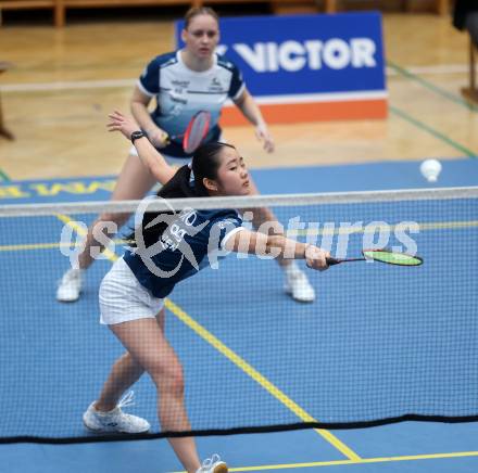 Badminton. 2. Bundesliga. ASKOE Kelag Kaernten gegen WBH Wien.  Miranda Zhang, Laura Hasenbichler  (ASKOE Kelag Kaernten). Klagenfurt, am 15.2.2025.
Foto: Kuess
---
pressefotos, pressefotografie, kuess, qs, qspictures, sport, bild, bilder, bilddatenbank