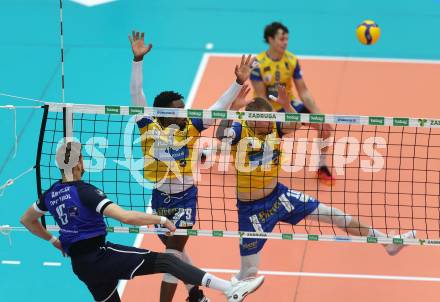 Volleyball. Cupfinale. SK Aich/Dob gegen Hypo Tirol Volleyballteam.    Bryan Camino Martinez, Jekabs Dzenis (Aich/Dob). Bleiburg, 16.2.2025.
Foto: Kuess
---
pressefotos, pressefotografie, kuess, qs, qspictures, sport, bild, bilder, bilddatenbank