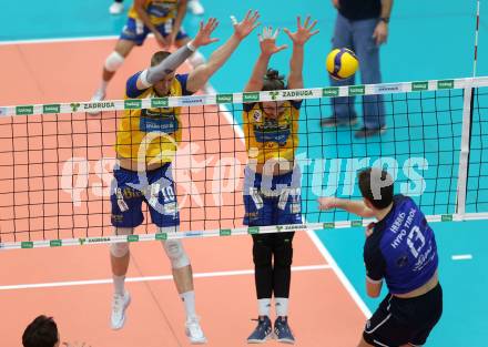 Volleyball. Cupfinale. SK Aich/Dob gegen Hypo Tirol Volleyballteam. Jekabs Dzenis, Noel Simon Jakob Krassnig  (Aich/Dob). Bleiburg, 16.2.2025.
Foto: Kuess
---
pressefotos, pressefotografie, kuess, qs, qspictures, sport, bild, bilder, bilddatenbank