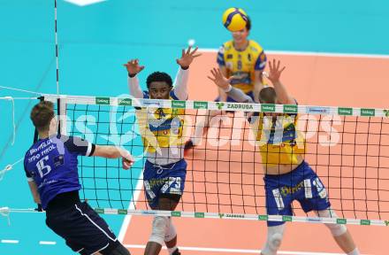 Volleyball. Cupfinale. SK Aich/Dob gegen Hypo Tirol Volleyballteam.  Bryan Camino Martinez, Jekabs Dzenis  (Aich/Dob). Bleiburg, 16.2.2025.
Foto: Kuess
---
pressefotos, pressefotografie, kuess, qs, qspictures, sport, bild, bilder, bilddatenbank