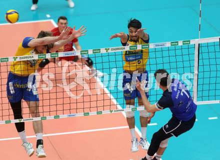 Volleyball. Cupfinale. SK Aich/Dob gegen Hypo Tirol Volleyballteam.   Jakub Klajmon, Vitor Yudi Yamamoto Luciano (Aich/Dob), Arthur Nath (Tirol). Bleiburg, 16.2.2025.
Foto: Kuess
---
pressefotos, pressefotografie, kuess, qs, qspictures, sport, bild, bilder, bilddatenbank