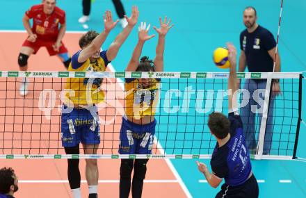 Volleyball. Cupfinale. SK Aich/Dob gegen Hypo Tirol Volleyballteam. Jakub Klajmon, Noel Simon Jakob Krassnig (Aich/Dob), Kyle Hobus (Tirol). Bleiburg, 16.2.2025.
Foto: Kuess
---
pressefotos, pressefotografie, kuess, qs, qspictures, sport, bild, bilder, bilddatenbank