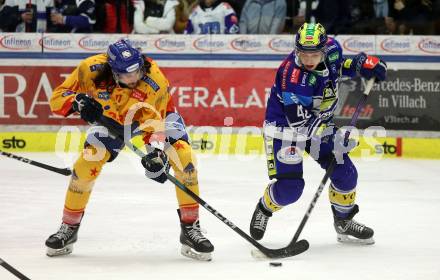 Eishockey ICE Bundesliga. VSV gegen Asiago. Benjamin Lanzinger  (VSV),  Giovanni Luigi Domenico Vallati (Asiago). Villach, am 21.2..2025
Foto: Kuess
---
pressefotos, pressefotografie, kuess, qs, qspictures, sport, bild, bilder, bilddatenbank