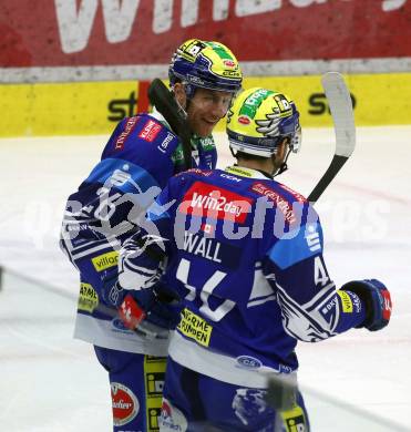 Eishockey ICE Bundesliga. VSV gegen Asiago.  Torjubel Guus Van Nes, Alex Wall (VSV). Villach, am 21.2..2025
Foto: Kuess
---
pressefotos, pressefotografie, kuess, qs, qspictures, sport, bild, bilder, bilddatenbank