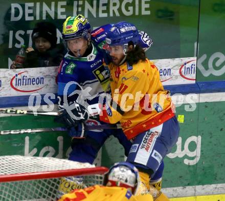 Eishockey ICE Bundesliga. VSV gegen Asiago. Benjamin Lanzinger  (VSV), Giovanni Luigi Demenico Vallati (Asiago). Villach, am 21.2..2025
Foto: Kuess
---
pressefotos, pressefotografie, kuess, qs, qspictures, sport, bild, bilder, bilddatenbank