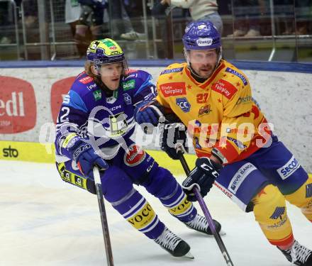 Eishockey ICE Bundesliga. VSV gegen Asiago. Chase Pearson   (VSV), Stefano Marchetti (Asiago). Villach, am 21.2..2025
Foto: Kuess
---
pressefotos, pressefotografie, kuess, qs, qspictures, sport, bild, bilder, bilddatenbank