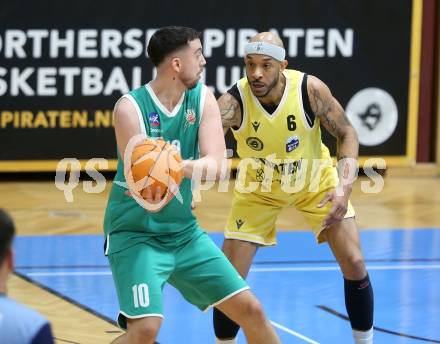 Basketball 2. Liga 2024/2025. Grunddurchgang 20. Runde.  Woerthersee Piraten gegen KOS.    Shawn L. Ray (Piraten),  Veljko Dena  (KOS). Klagenfurt, am 22.2.2025.
Foto: Kuess


---
pressefotos, pressefotografie, kuess, qs, qspictures, sport, bild, bilder, bilddatenbank